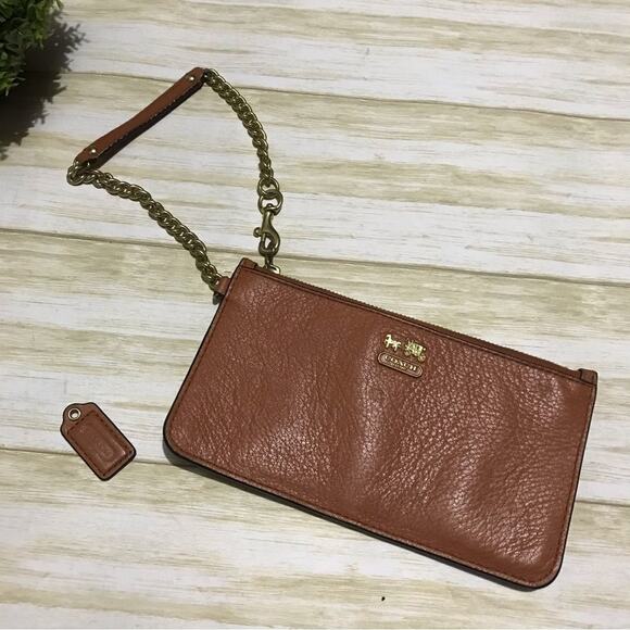 Coach‎ Brown Tan Cognac Leather Gold Zipper Wristlet Wallet Bag - Picture 1 of 6